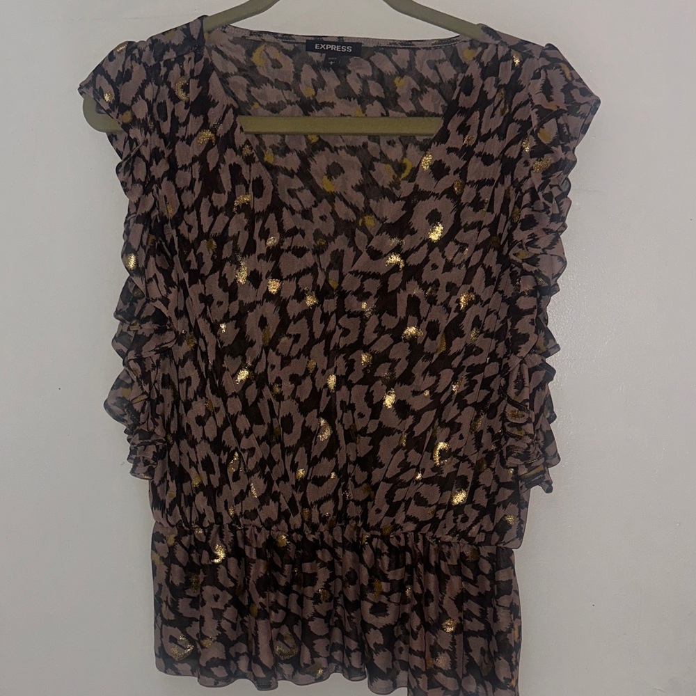Express Brown Animal Print Blouse with Gold Accents